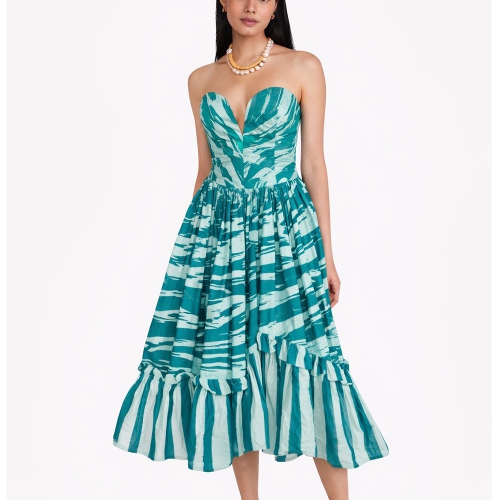 SIKA Nia Strapless Midi Dress Womens 4‎ Teal Green Harper Print Batik Ruffle Hem